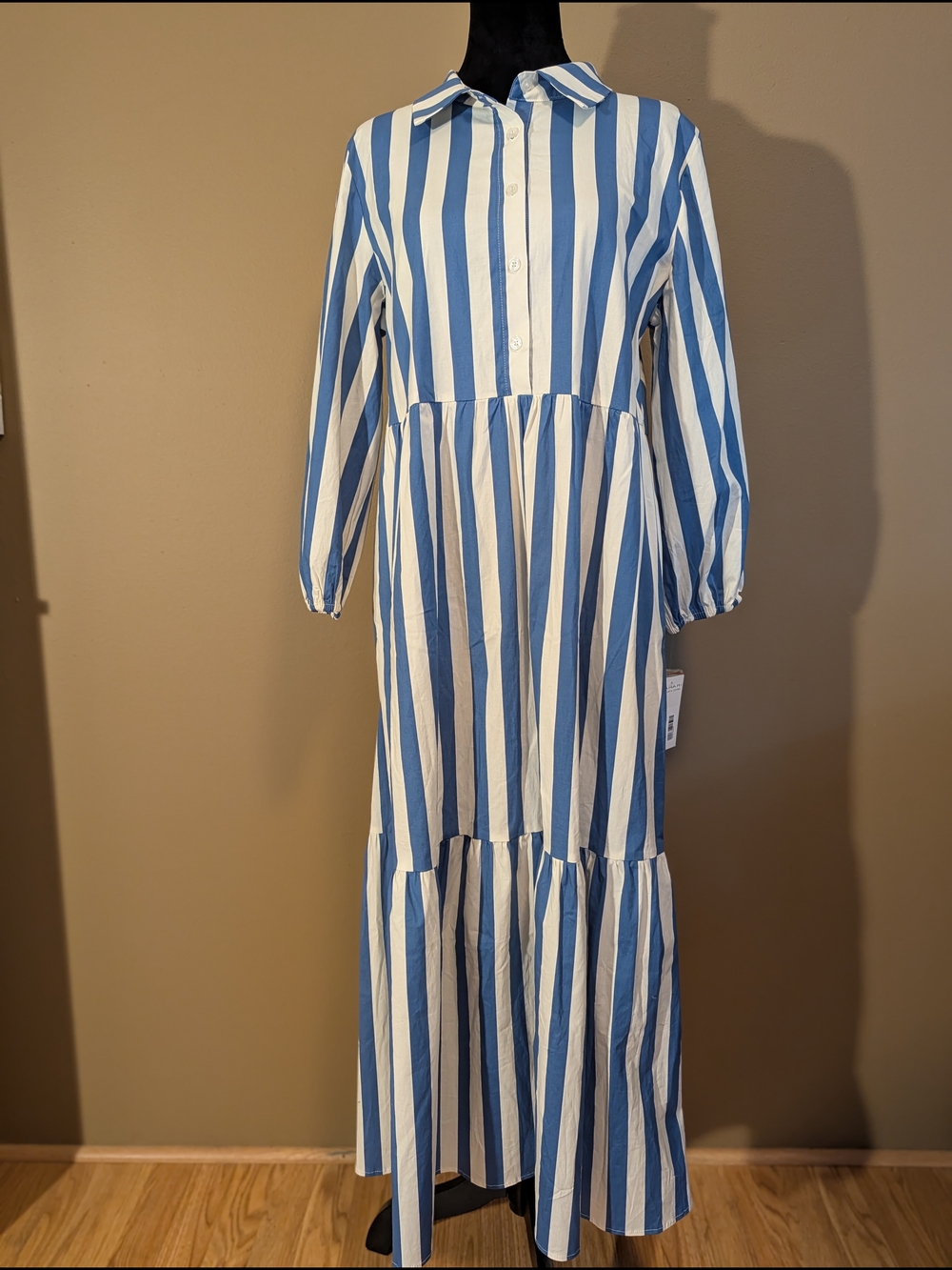 Brand New Blue and White Striped Shirt Maxi Dress with Collar. Sz M. Coastal.